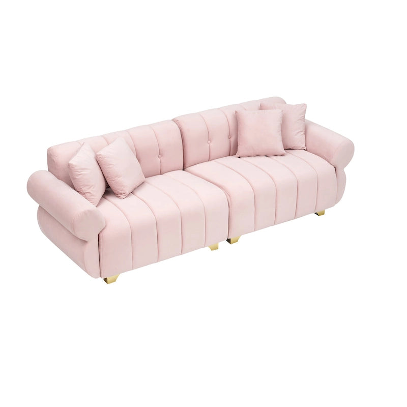 Canapé 3 places en velours avec capitonnage cannelé, coussins à ressorts et pieds en métal doré