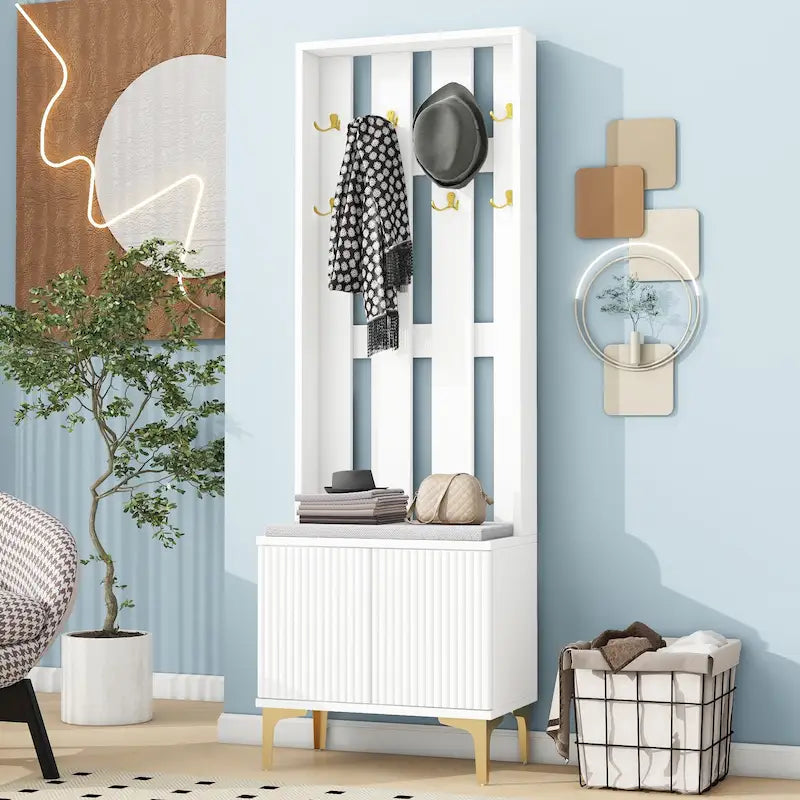 Meuble d'entrée 4-en-1 avec banc capitonné, 8 crochets dorés et portes d'armoire cannelées