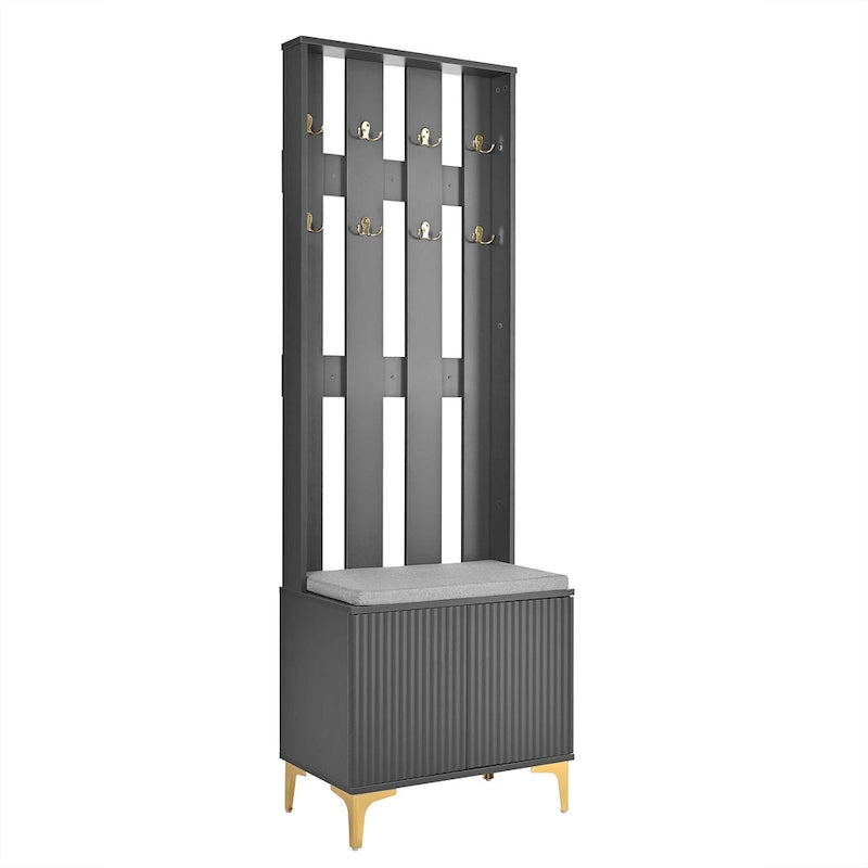 Meuble d'entrée 4-en-1 avec banc capitonné, 8 crochets dorés et portes d'armoire cannelées