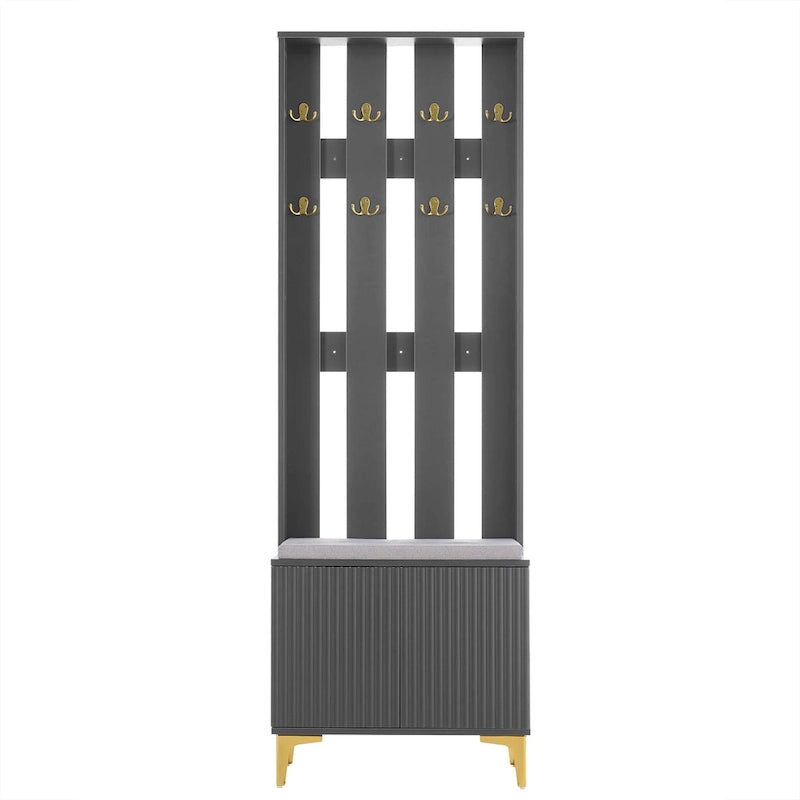 Meuble d'entrée 4-en-1 avec banc capitonné, 8 crochets dorés et portes d'armoire cannelées