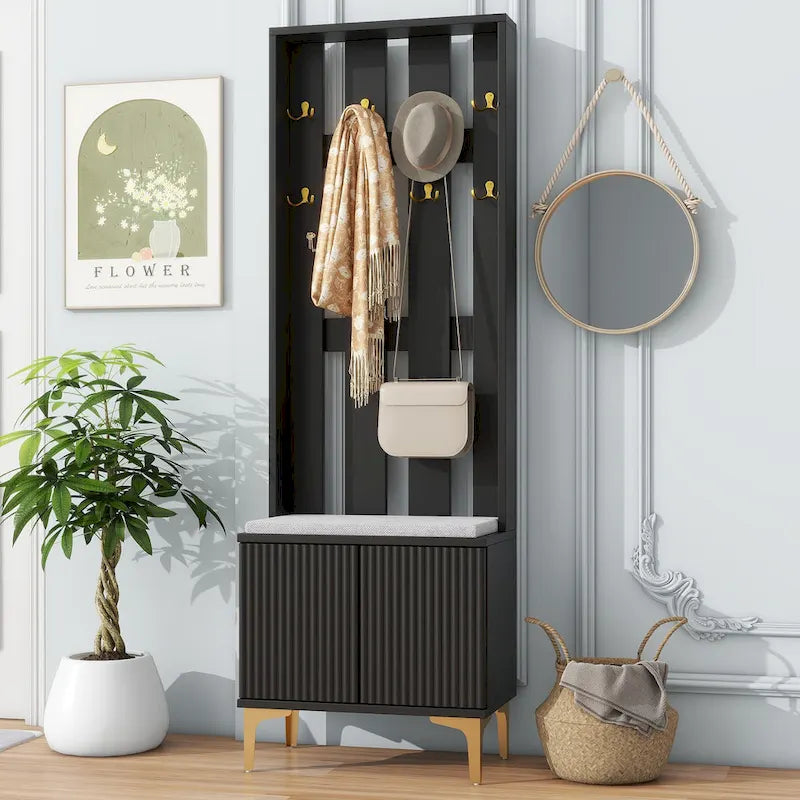 Meuble d'entrée 4-en-1 avec banc capitonné, 8 crochets dorés et portes d'armoire cannelées