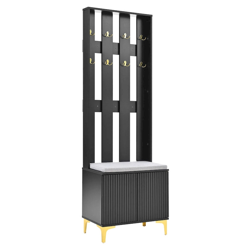 Meuble d'entrée 4-en-1 avec banc capitonné, 8 crochets dorés et portes d'armoire cannelées