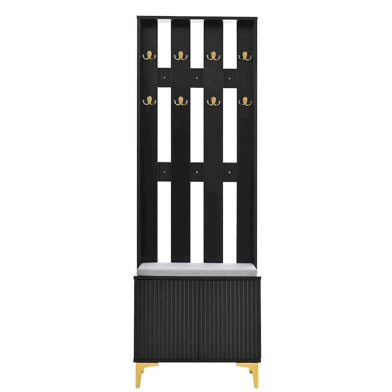 Meuble d'entrée 4-en-1 avec banc capitonné, 8 crochets dorés et portes d'armoire cannelées