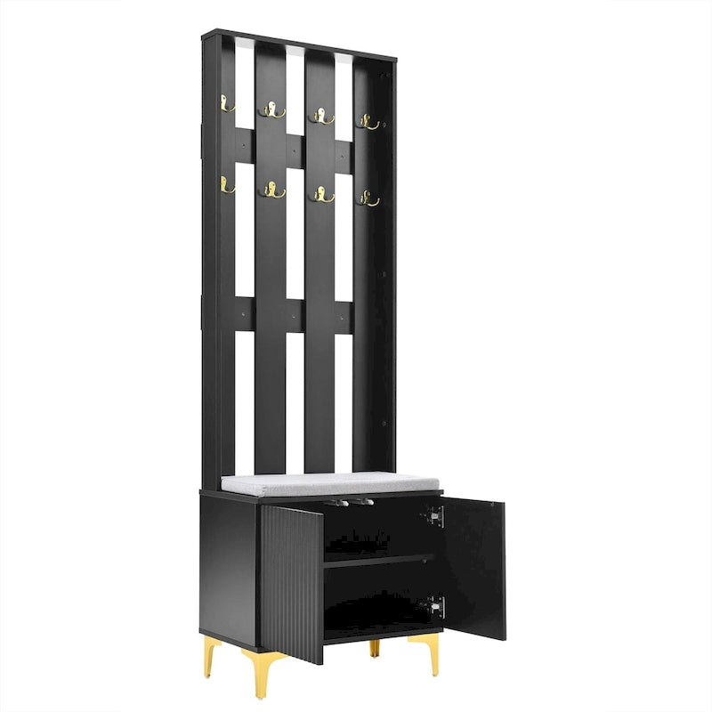 Meuble d'entrée 4-en-1 avec banc capitonné, 8 crochets dorés et portes d'armoire cannelées