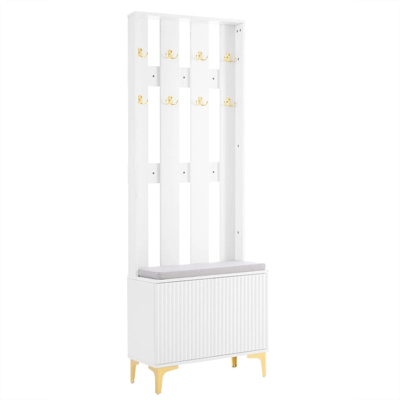 Meuble d'entrée 4-en-1 avec banc capitonné, 8 crochets dorés et portes d'armoire cannelées
