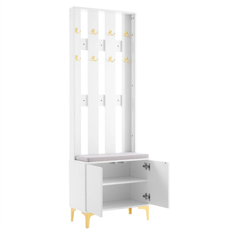 Meuble d'entrée 4-en-1 avec banc capitonné, 8 crochets dorés et portes d'armoire cannelées