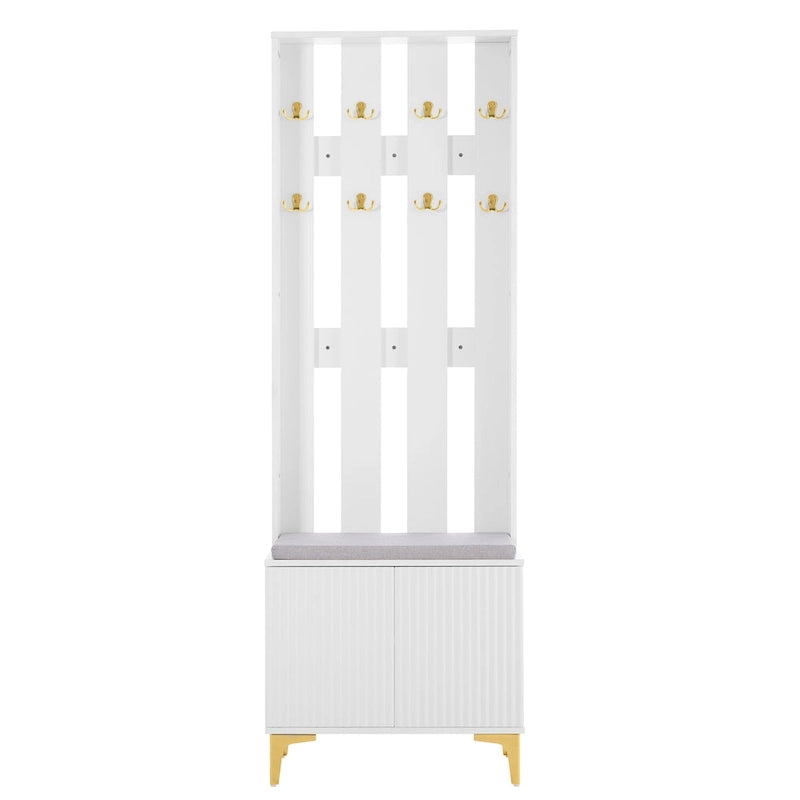 Meuble d'entrée 4-en-1 avec banc capitonné, 8 crochets dorés et portes d'armoire cannelées