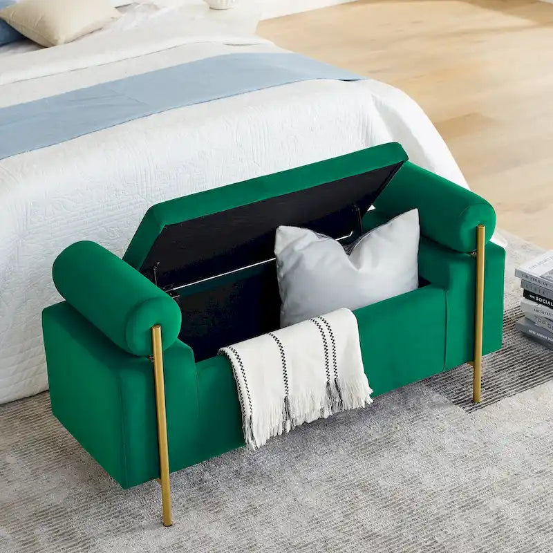Banc de rangement rembourré en lin avec accoudoirs cylindriques et pieds en métal doré