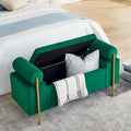 Banc de rangement rembourré en lin avec accoudoirs cylindriques et pieds en métal doré