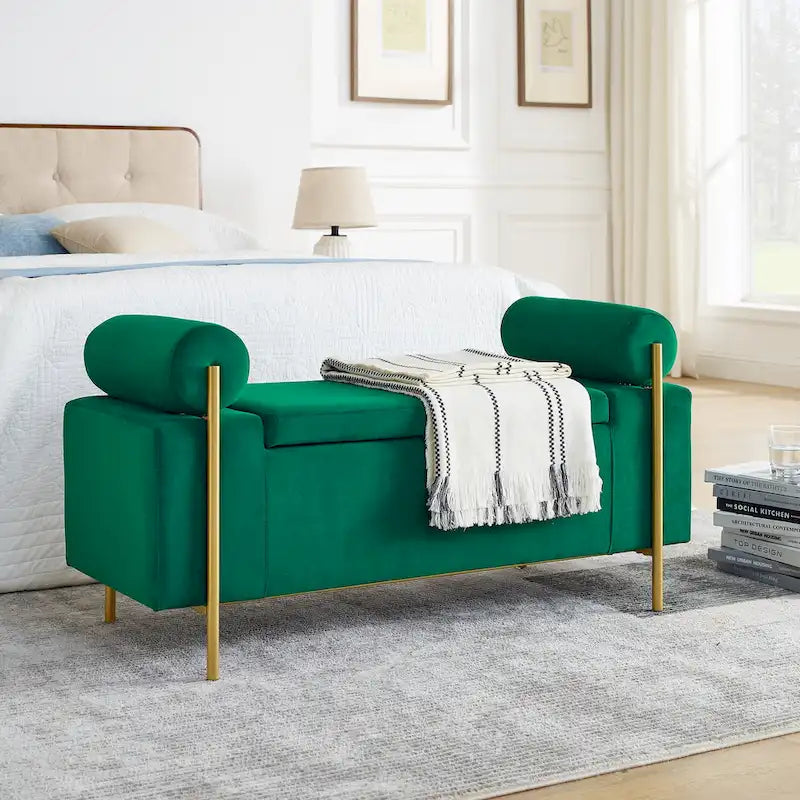 Banc de rangement rembourré en lin avec accoudoirs cylindriques et pieds en métal doré