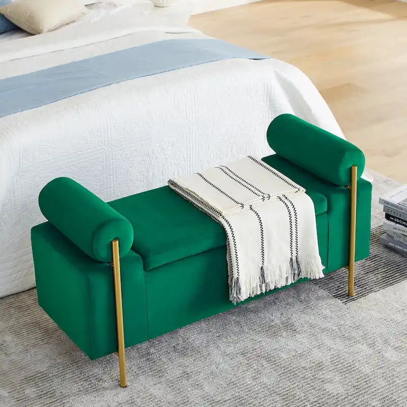 Banc de rangement rembourré en lin avec accoudoirs cylindriques et pieds en métal doré