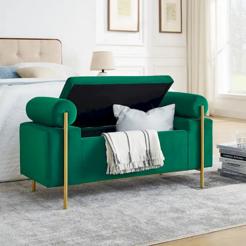 Banc de rangement rembourré en lin avec accoudoirs cylindriques et pieds en métal doré