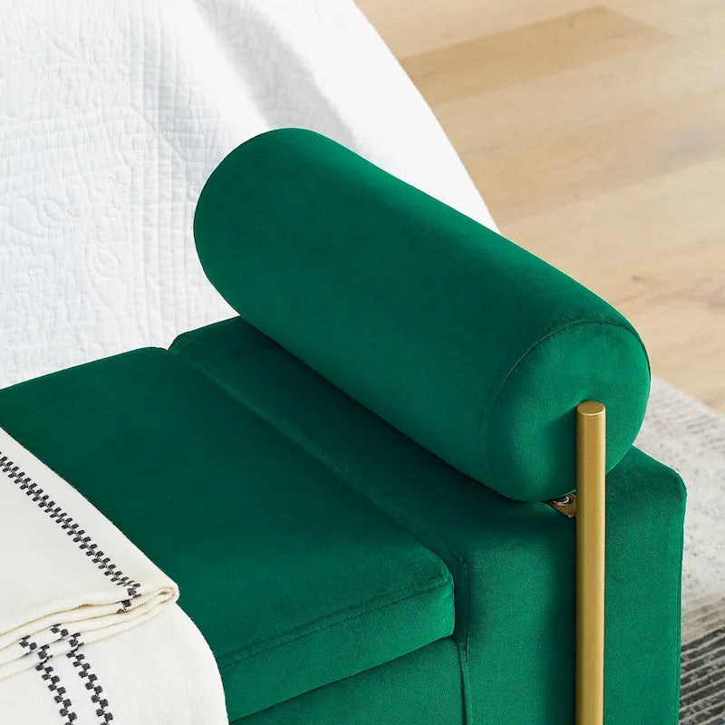 Banc de rangement rembourré en lin avec accoudoirs cylindriques et pieds en métal doré
