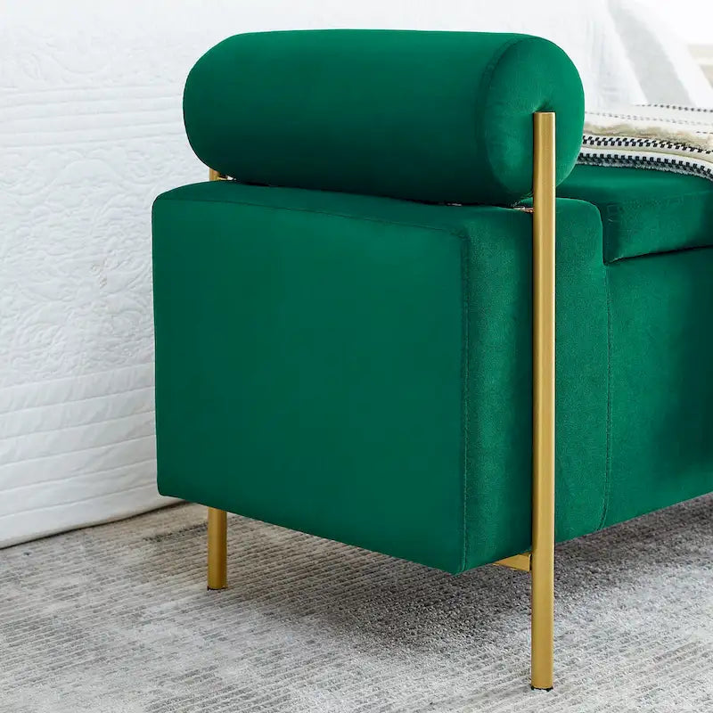 Banc de rangement rembourré en lin avec accoudoirs cylindriques et pieds en métal doré