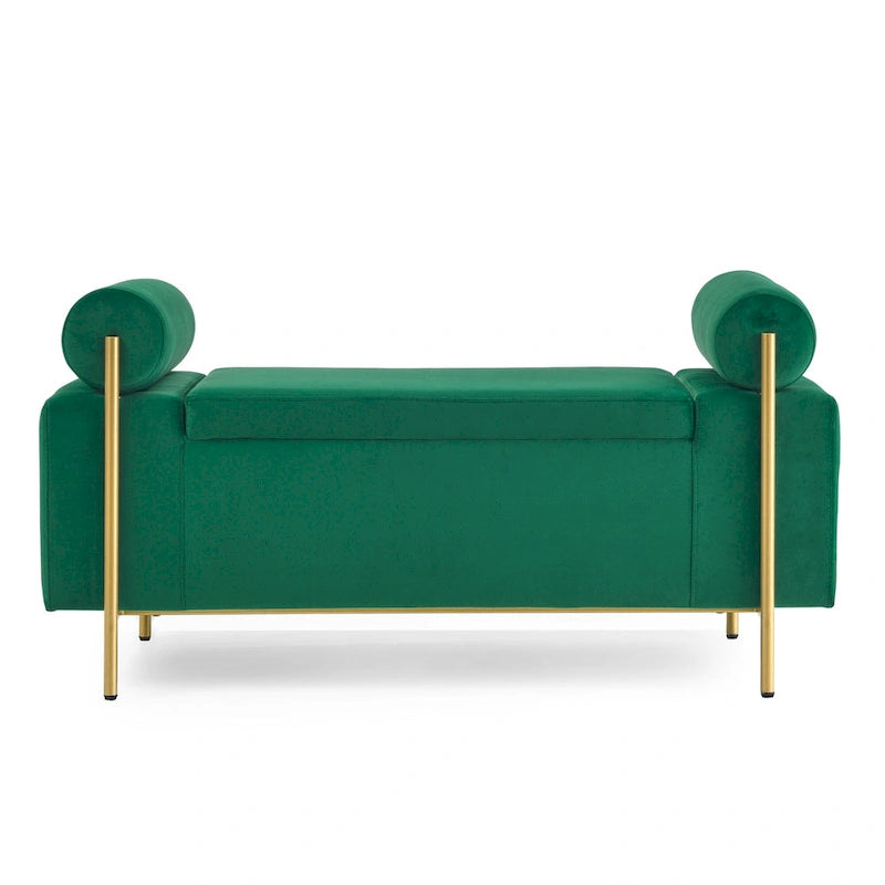 Banc de rangement rembourré en lin avec accoudoirs cylindriques et pieds en métal doré