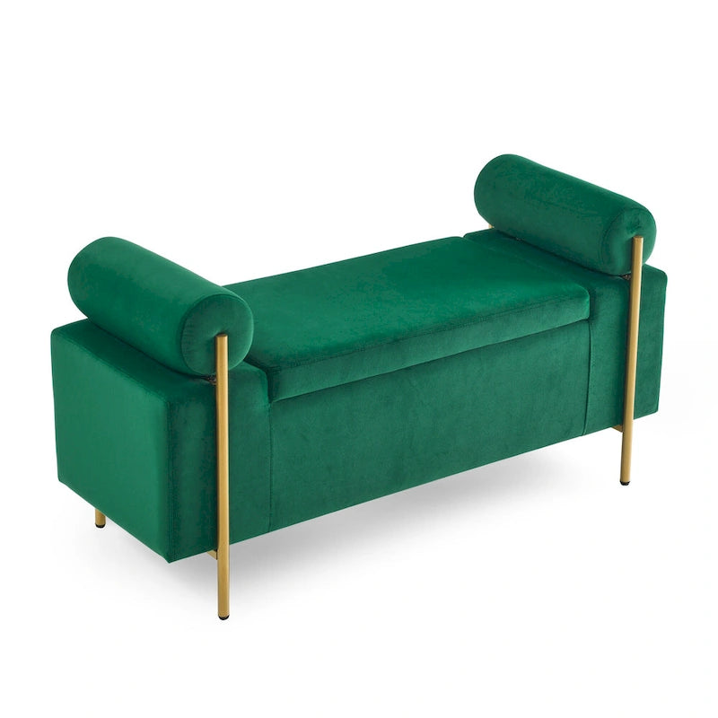Banc de rangement rembourré en lin avec accoudoirs cylindriques et pieds en métal doré