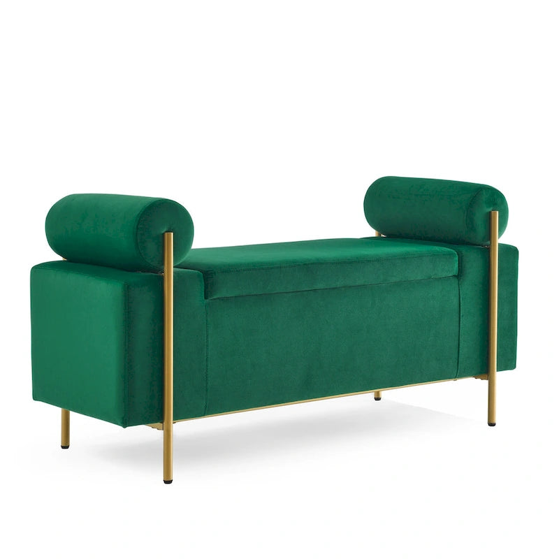 Banc de rangement rembourré en lin avec accoudoirs cylindriques et pieds en métal doré