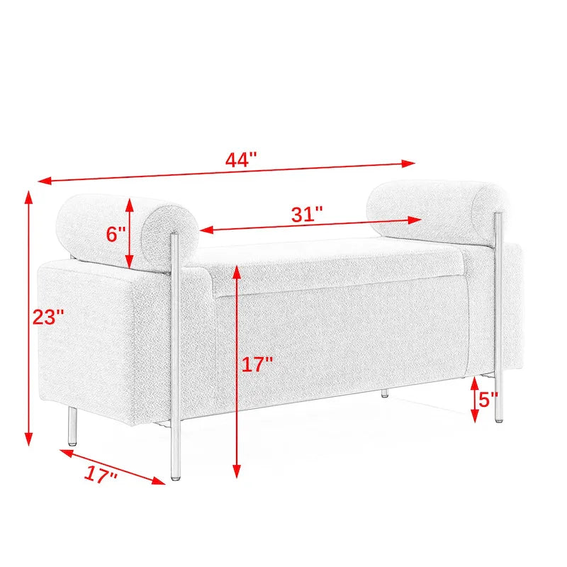 Banc de rangement rembourré en lin avec accoudoirs cylindriques et pieds en métal doré
