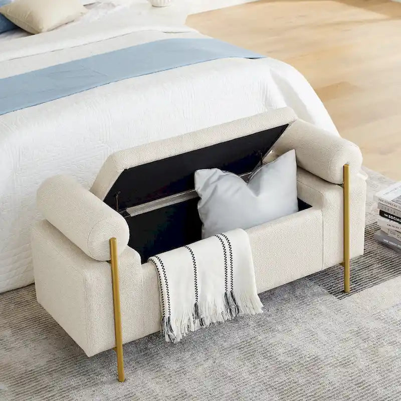 Banc de rangement rembourré en lin avec accoudoirs cylindriques et pieds en métal doré