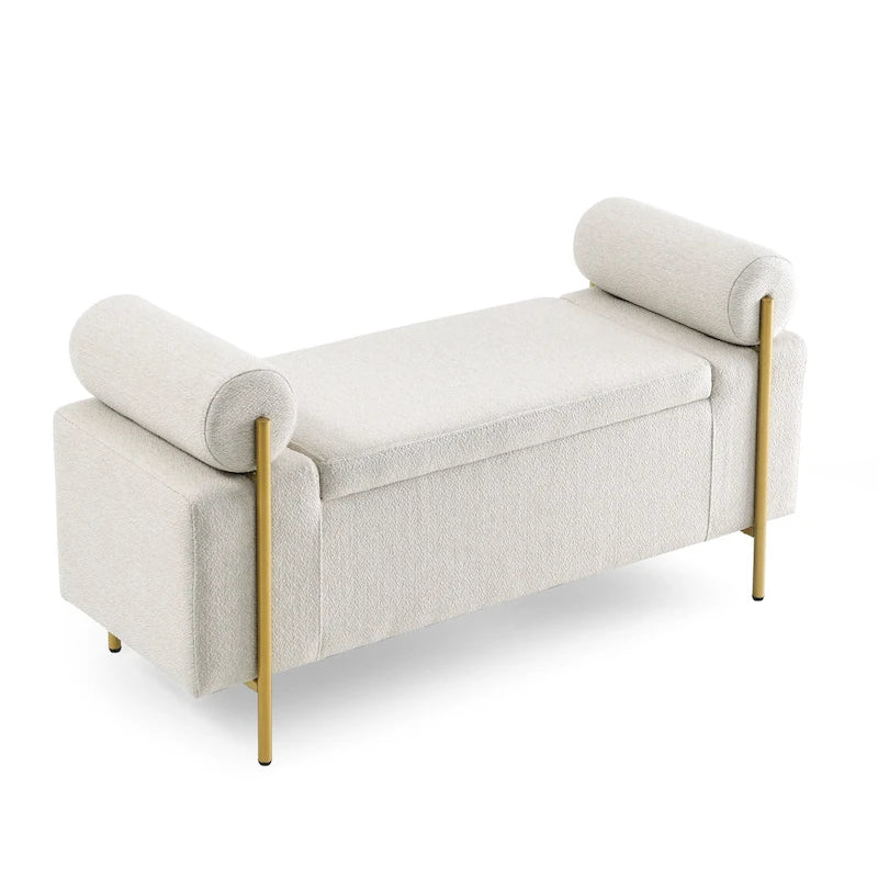 Banc de rangement rembourré en lin avec accoudoirs cylindriques et pieds en métal doré