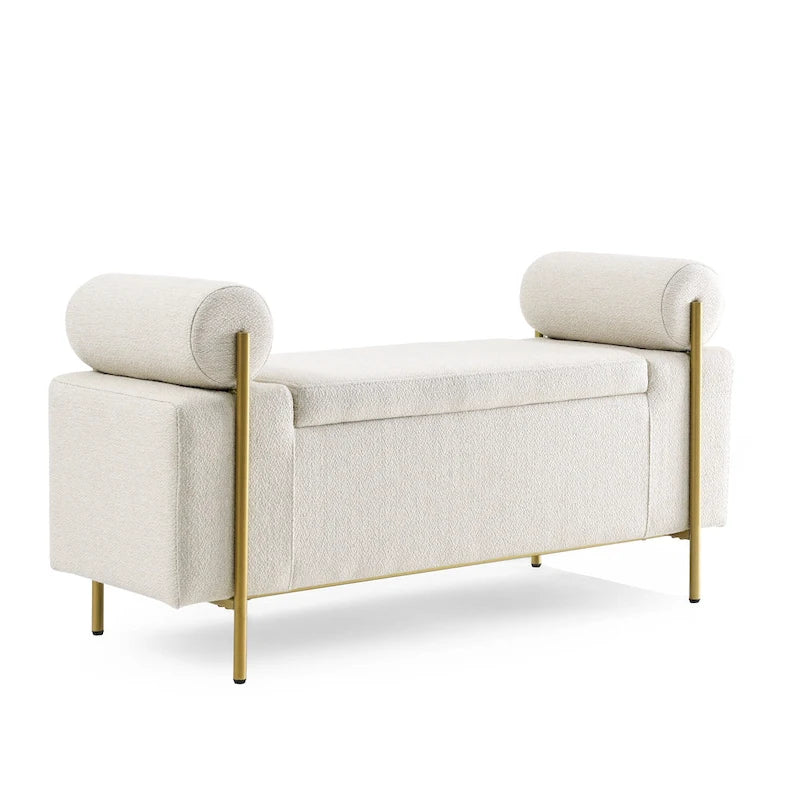 Banc de rangement rembourré en lin avec accoudoirs cylindriques et pieds en métal doré