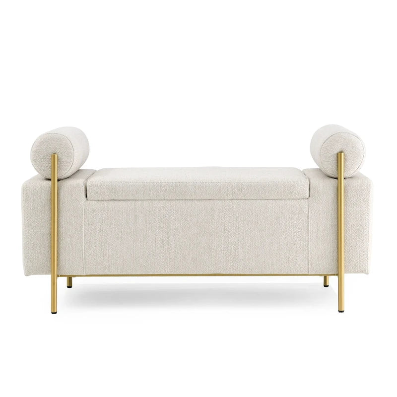 Banc de rangement rembourré en lin avec accoudoirs cylindriques et pieds en métal doré