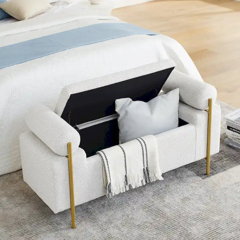 Banc de rangement rembourré en lin avec accoudoirs cylindriques et pieds en métal doré