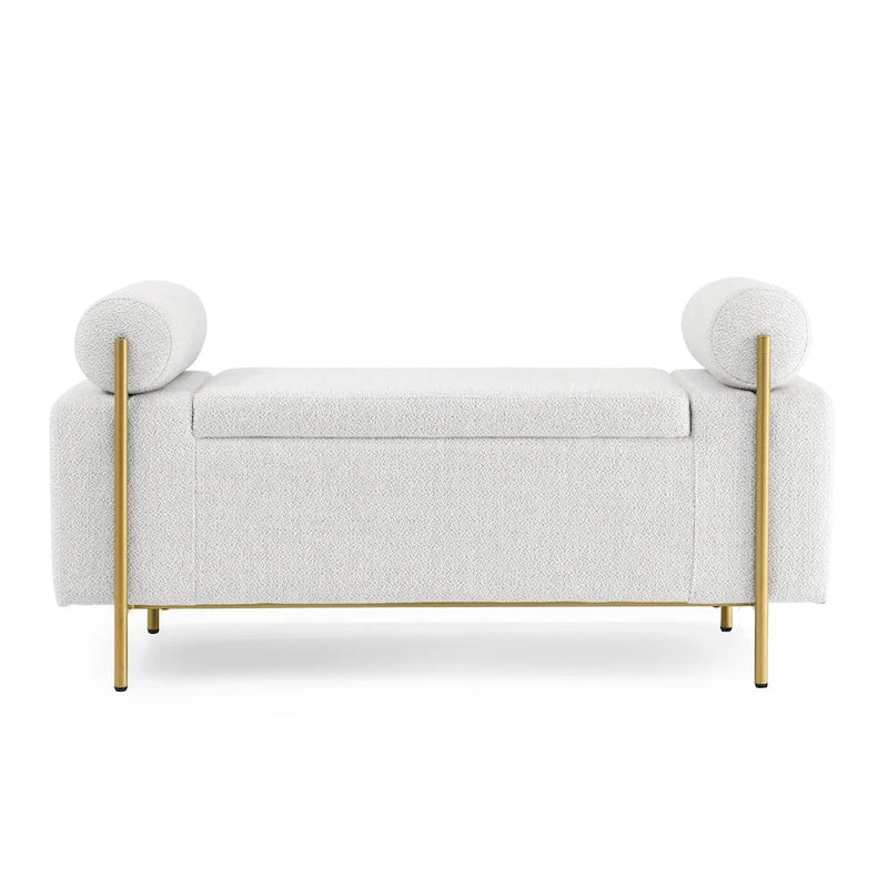Banc de rangement rembourré en lin avec accoudoirs cylindriques et pieds en métal doré