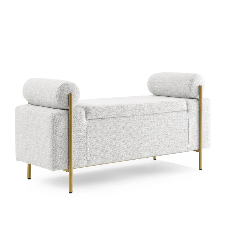 Banc de rangement rembourré en lin avec accoudoirs cylindriques et pieds en métal doré
