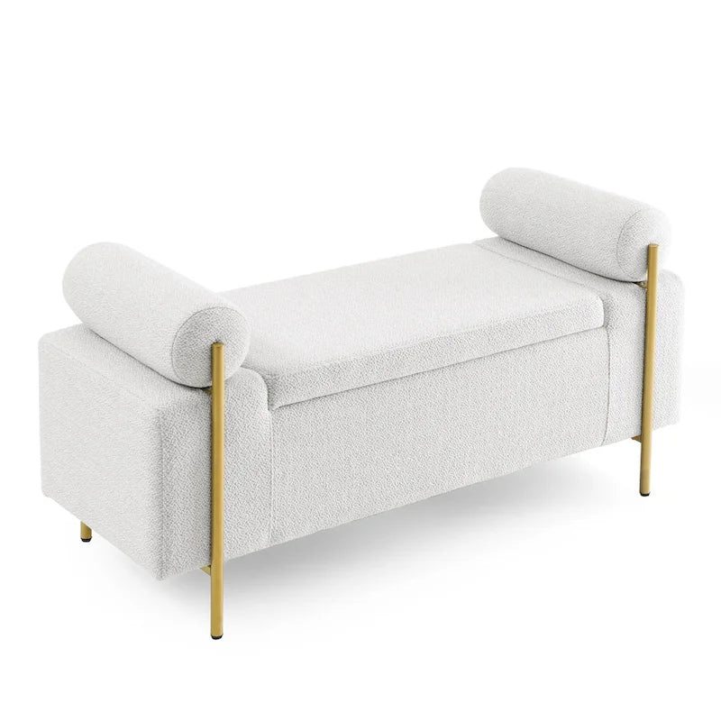 Banc de rangement rembourré en lin avec accoudoirs cylindriques et pieds en métal doré