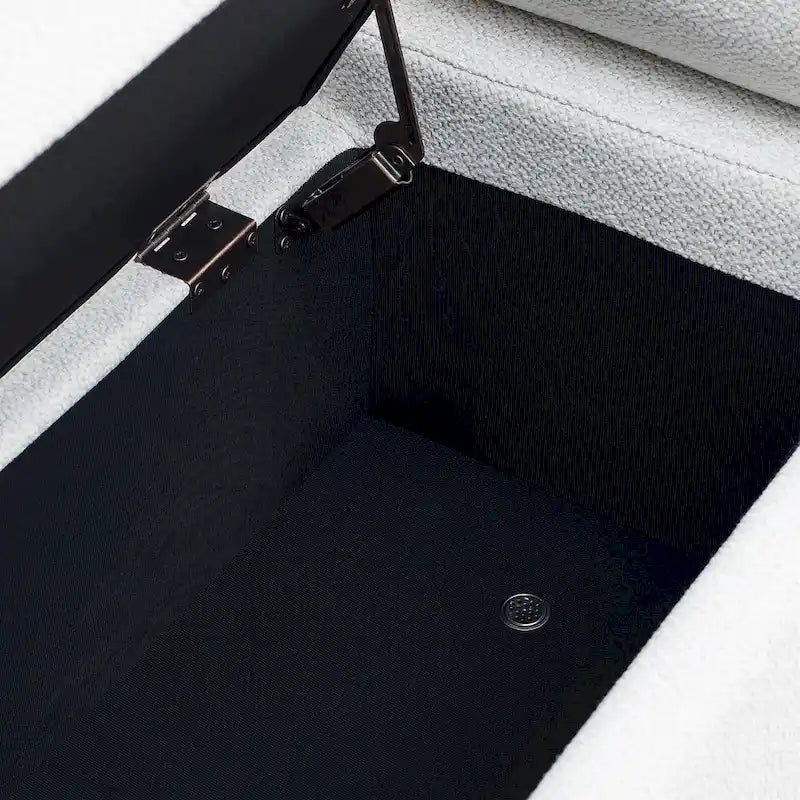 Banc de rangement rembourré en lin avec accoudoirs cylindriques et pieds en métal doré