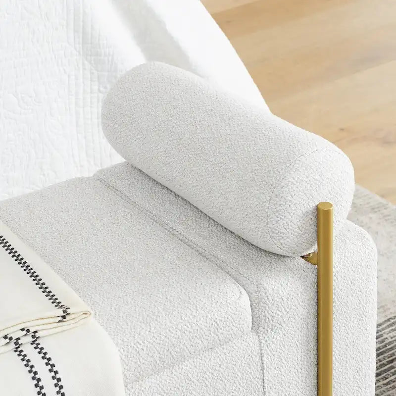 Banc de rangement rembourré en lin avec accoudoirs cylindriques et pieds en métal doré