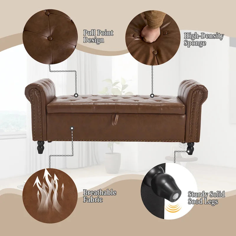 Banc Ottoman de Rangement Rembourré 55 Pouces | Capitonné | Capacité 125 kg | Salon et Chambre à Coucher
