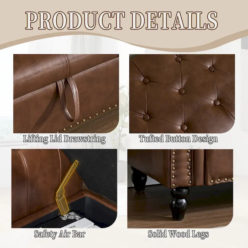 Banc Ottoman de Rangement Rembourré 55 Pouces | Capitonné | Capacité 125 kg | Salon et Chambre à Coucher