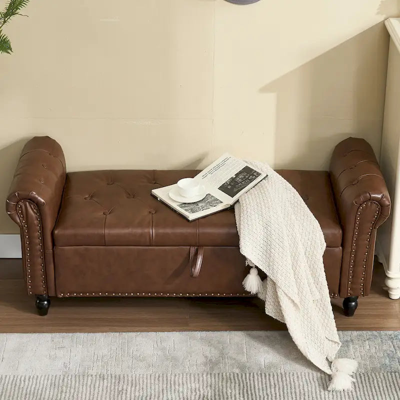 Banc Ottoman de Rangement Rembourré 55 Pouces | Capitonné | Capacité 125 kg | Salon et Chambre à Coucher