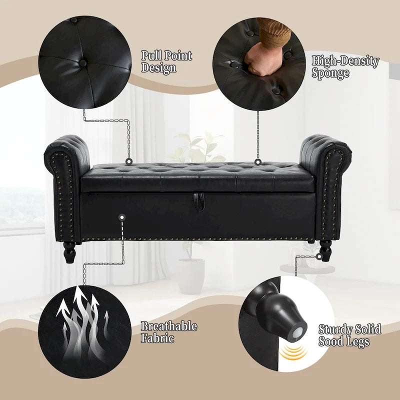 Banc Ottoman de Rangement Rembourré 55 Pouces | Capitonné | Capacité 125 kg | Salon et Chambre à Coucher
