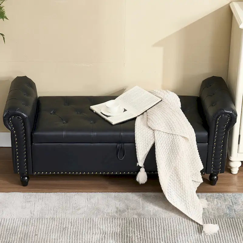 Banc Ottoman de Rangement Rembourré 55 Pouces | Capitonné | Capacité 125 kg | Salon et Chambre à Coucher