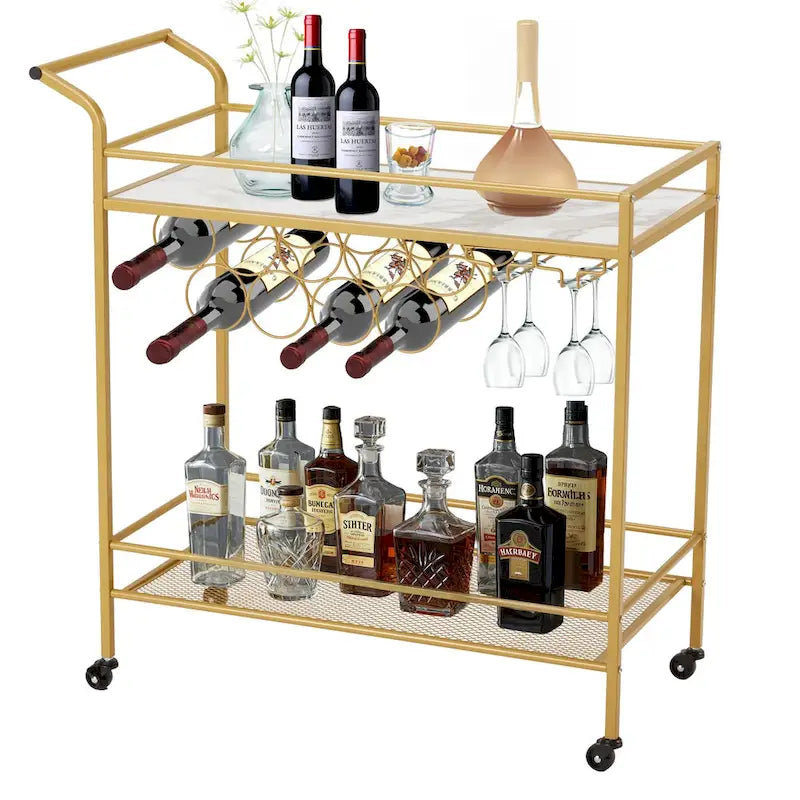Dessert roulante avec casier à vin, porte-verres et roulettes verrouillables dorées
