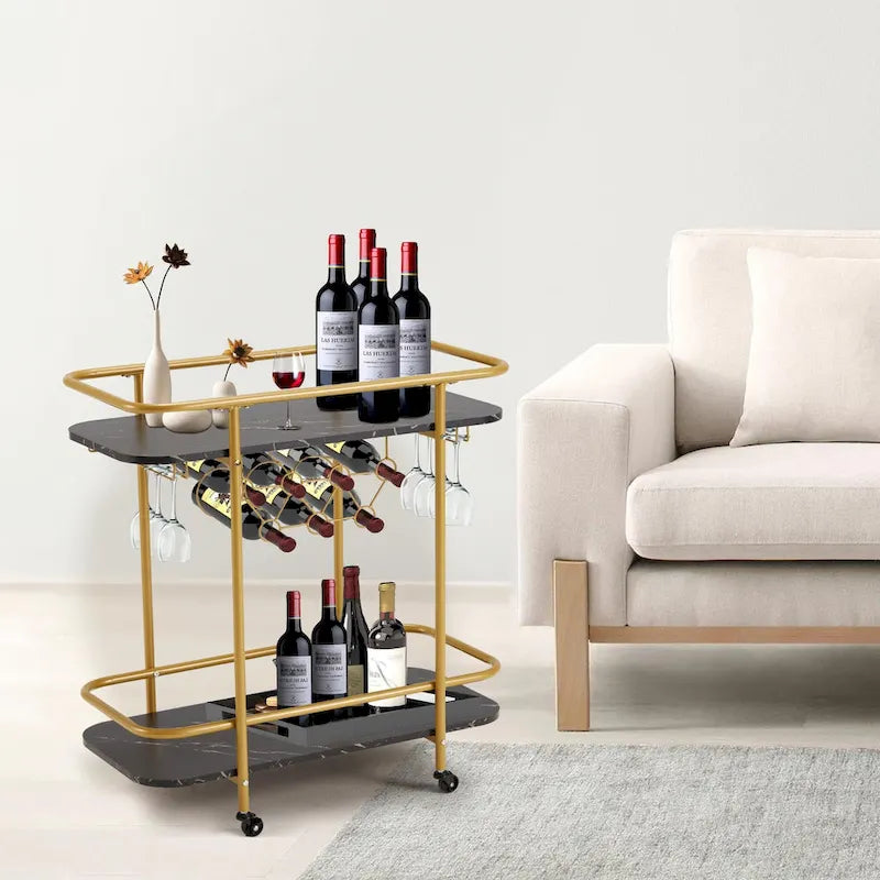 Dessert roulante avec casier à vin, porte-verres et roulettes verrouillables dorées