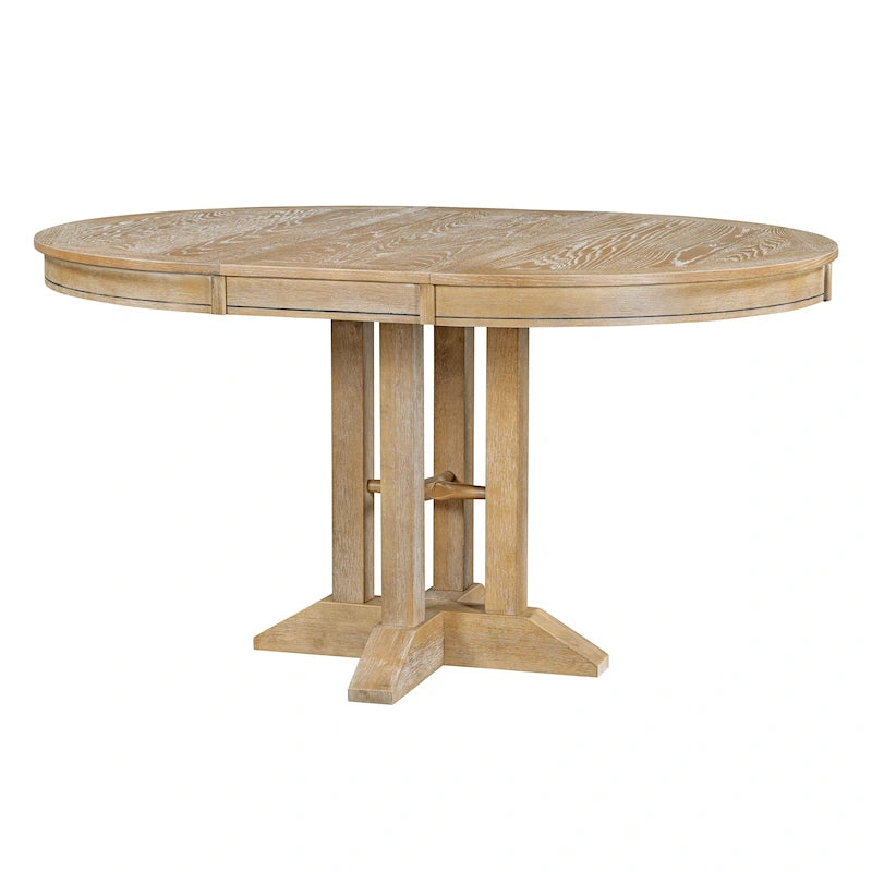 Table à manger ronde extensible avec plateau en placage de chêne et piètement en bois massif
