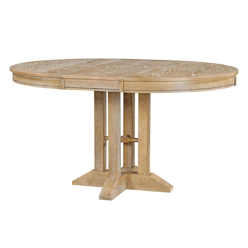 Table à manger ronde extensible avec plateau en placage de chêne et piètement en bois massif