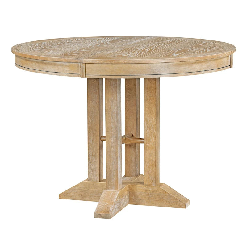 Table à manger ronde extensible avec plateau en placage de chêne et piètement en bois massif