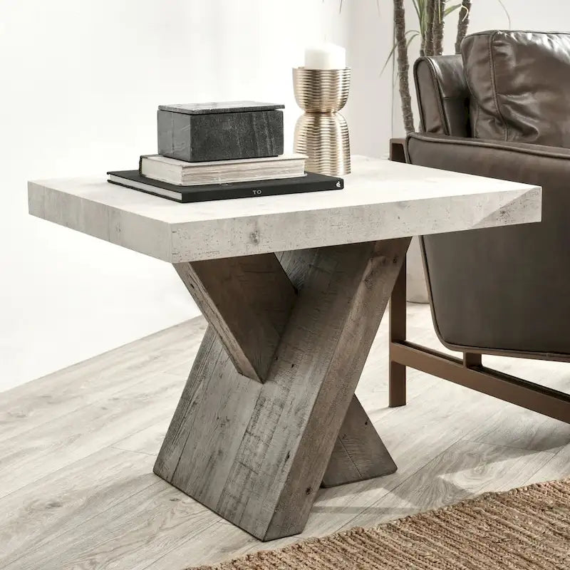 Table d'appoint en bois recyclé avec plateau en stratifié effet béton