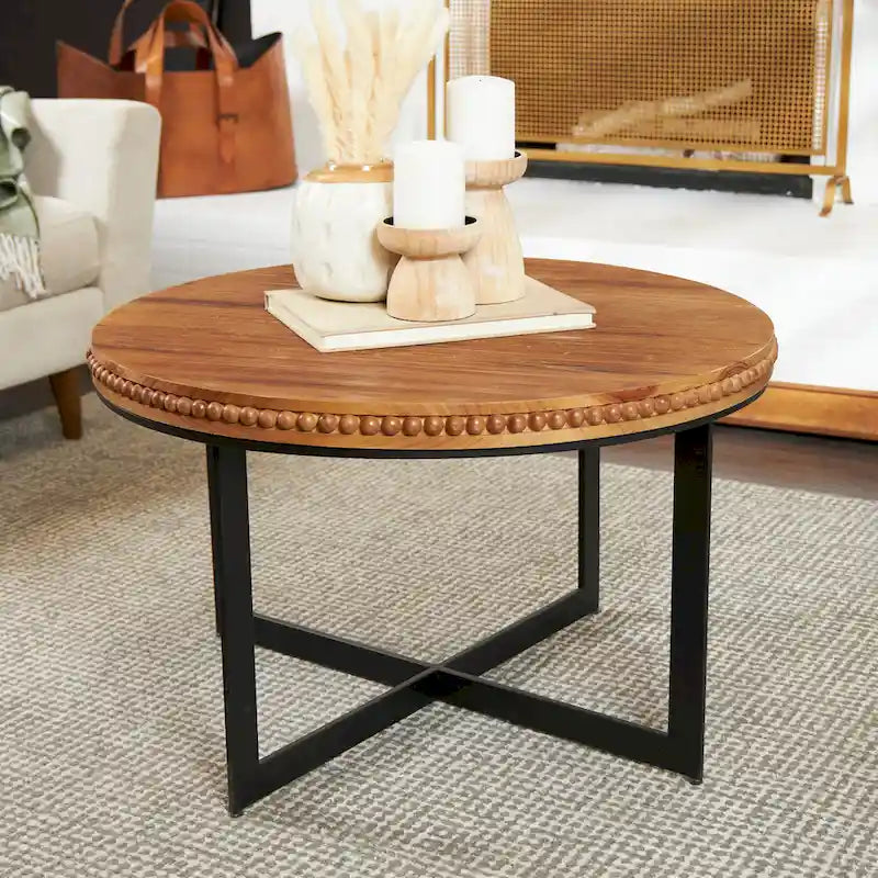Table basse ronde en bois avec piètement en X en fer noir, couleur marron