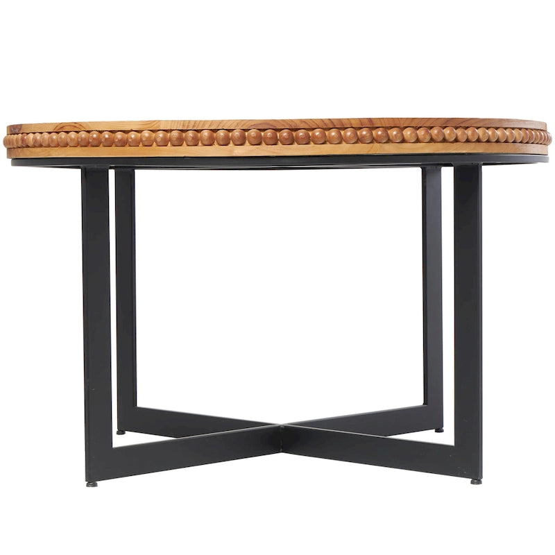 Table basse ronde en bois avec piètement en X en fer noir, couleur marron