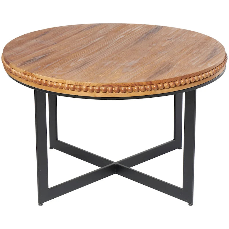 Table basse ronde en bois avec piètement en X en fer noir, couleur marron