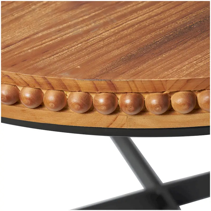 Table basse ronde en bois avec piètement en X en fer noir, couleur marron