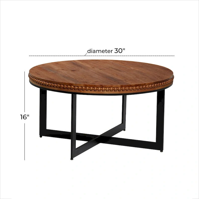 Table basse ronde en bois avec piètement en X en fer noir, couleur marron