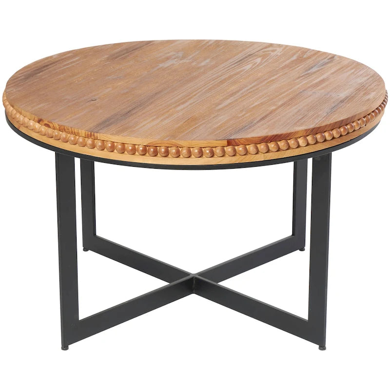 Table basse ronde en bois avec piètement en X en fer noir, couleur marron
