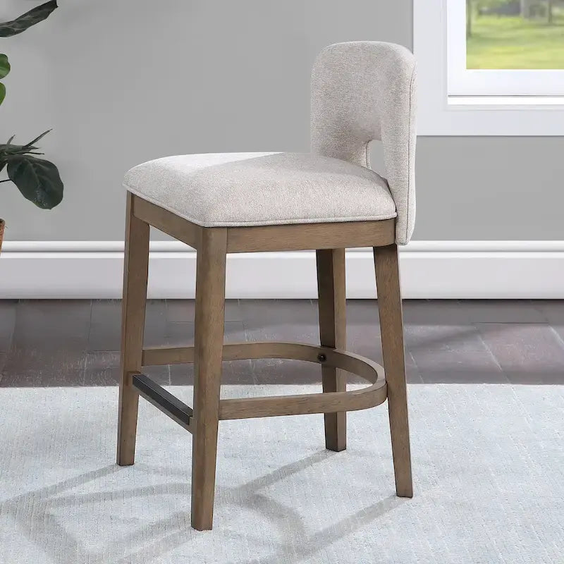 Tabouret de comptoir mi-siècle moderne en bois massif avec dossier incurvé ajouré et assise rembourrée